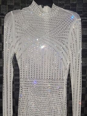 Fashion Nova white long-sleeve rhinestone embellished mini dress size M